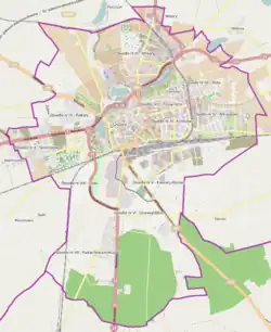Mapa konturowa Gniezna, u góry znajduje się punkt z opisem „Gniezno Winiary”