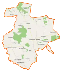 Mapa konturowa gminy Godziesze Wielkie, na dole po lewej znajduje się punkt z opisem „Stara Kakawa”