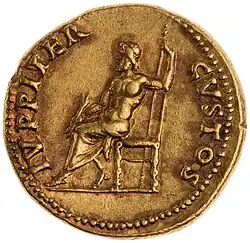 Złota moneta z wizerunkiem Jowisza na tronie i napisem IVPPITER CVSTOS