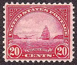 Znaczek Poczty Stanów Zjednoczonych przedstawiający cieśninę Golden Gate wyemitowany w 1923 roku, przed zbudowaniem mostu Golden Gate