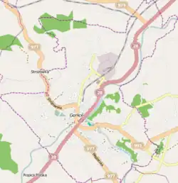 Mapa konturowa Gorlic, w centrum znajduje się punkt z opisem „Gorlice”