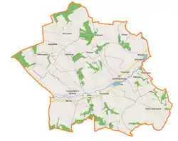 Mapa konturowa gminy Gorzków, u góry nieco na lewo znajduje się punkt z opisem „Orchowiec”