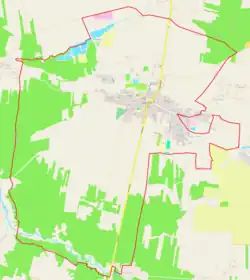 Mapa konturowa Gowarczowa, blisko centrum u góry znajduje się punkt z opisem „Cmentarz żydowski w&nbsp;Gowarczowie”
