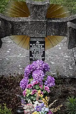 Zdjęcie nagrobka ks. Zygmunta Sajny w Palmirach. Napis na tablicy przyczepionej na krzyżu: "Bł. KS. Zygmunt Sajna Proboszcz para. Góra Kalwaria. Urodzony 20.01.1897 Zginął 17.09.1940 Męczennik za wiarę, beatyfikowany 16.06.1999