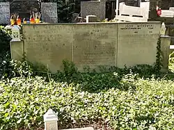 Kolorowe zdjęcie stojącej, prostokątnej tablicy kamiennej z imionami i datami życia. Część napisów jest nieczytelna. Przed tablicą grób porośnięty gęstym bluszczem, w tle majaczą inne nagrobki.