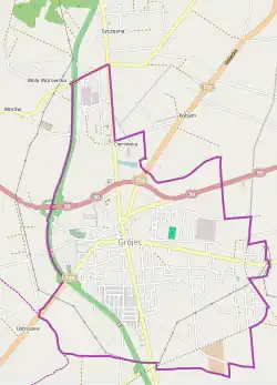 Mapa konturowa Grójca, na dole znajduje się punkt z opisem „Parafia pw. Miłosierdzia Bożego w Grójcu”