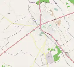 Mapa konturowa Grajewa, w centrum znajduje się punkt z opisem „Kościół świętego Jana Pawła II Papieża w Grajewie”