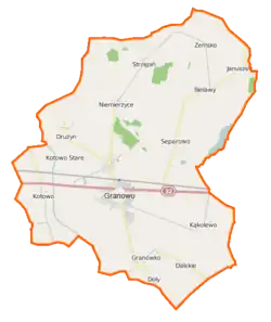 Mapa konturowa gminy Granowo, po lewej znajduje się punkt z opisem „Kotowo”