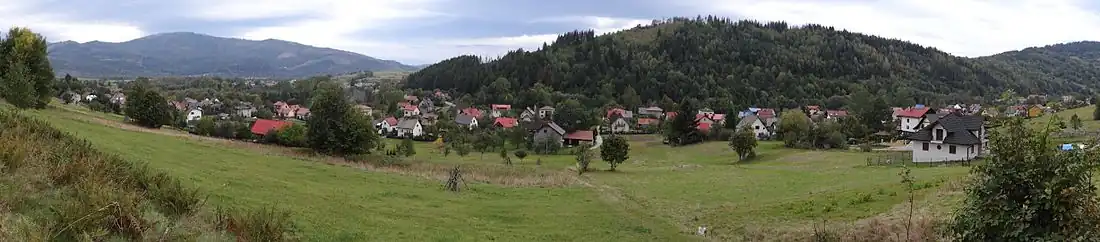 Wieś Żabnica. Na środku Grapa, po jej lewej stronie niższa Bukowina z trawiastym grzbietem. Widok z Palenicy