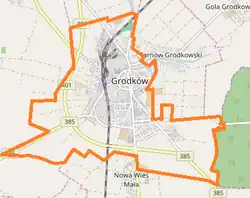 Mapa konturowa Grodkowa, w centrum znajduje się punkt z opisem „Grodków Śląski”