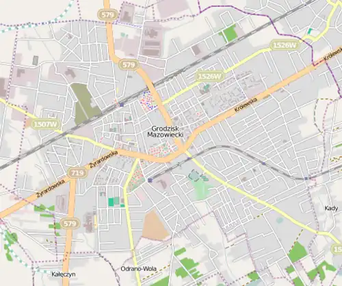 Mapa konturowa Grodziska Mazowieckiego, w centrum znajduje się punkt z opisem „Osiedle Mikołaja Kopernika”