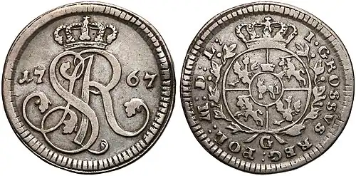 Próbna odbitka w srebrze grosza miedzianego z 1767 r. z mennicy w Krakowie