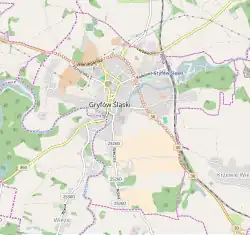 Mapa konturowa Gryfowa Śląskiego, u góry nieco na prawo znajduje się punkt z opisem „Gryfów Śląski”