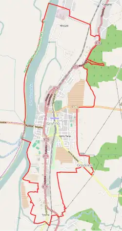 Mapa konturowa Gryfina, blisko górnej krawiędzi znajduje się punkt z opisem „Gryfskand”