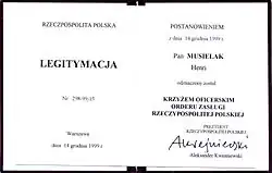 Legitymacja Krzyża Oficerskiego Orderu Zasługi Rzeczypospolitej Polskiej (1999)