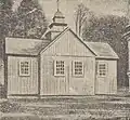 Unicka dzwonnica przerobiona na tymczasową cerkiew. Z prawej strony widoczny fragment nowej, murowanej cerkwi. fot. z 1928 r.
