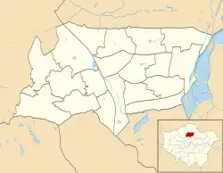 Mapa konturowa gminy Haringey, po lewej nieco na dole znajduje się punkt z opisem „Highgate”