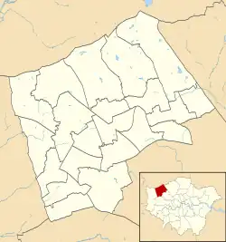 Mapa konturowa gminy Harrow, u góry po prawej znajduje się punkt z opisem „Stanmore”