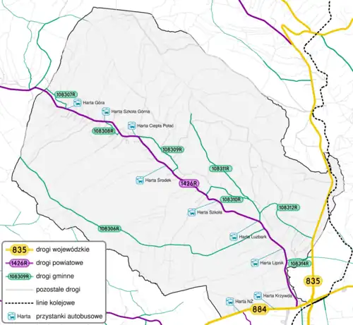 Układ dróg oraz przystanków autobusowych we wsi Harta.
