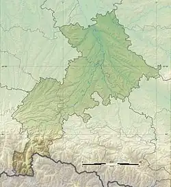 Mapa konturowa Górnej Garonny, u góry nieco na prawo znajduje się punkt z opisem „miejsce bitwy”