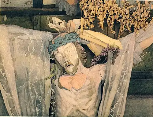 Modlitwa chłopska - akwarela Henryka Grombeckiego z 1909 roku z Rybiniszek