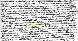 Skan fragmentu dokumentu. Cała powierzchnia ilustracji jest pokryta odręcznym pismem. Na środku jasno żółtym kolorem zaznaczone jest słowo homosexual.