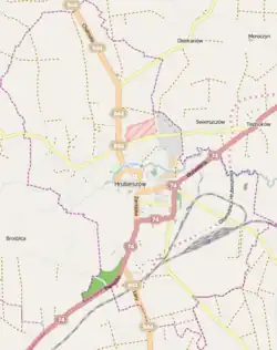 Mapa konturowa Hrubieszowa, blisko centrum na prawo znajduje się punkt z opisem „Podgórze”