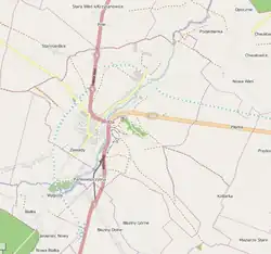 Mapa konturowa Iłży, blisko centrum na lewo znajduje się punkt z opisem „Iłża”
