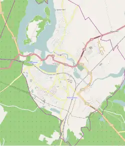 Mapa konturowa Iławy, blisko centrum po lewej na dole znajduje się punkt z opisem „Parafia św. Brata Alberta w Iławie”