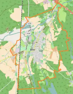 Mapa konturowa Iłowy, w centrum znajduje się punkt z opisem „Parafia Najświętszego Serca Pana Jezusa”