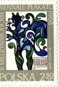 Znaczek Poczty polskiej z projektem Jana Lenicy reklamujący II Biennale Plakatu (1968).