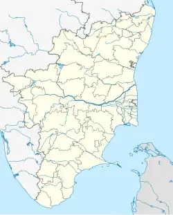 Mapa konturowa Tamilnadu, po lewej znajduje się punkt z opisem „Coimbatore”
