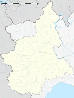 Mapa konturowa Piemontu, blisko dolnej krawiędzi nieco na lewo znajduje się punkt z opisem „Limone Piemonte”