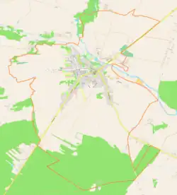 Mapa konturowa Iwanisk, blisko centrum na lewo u góry znajduje się punkt z opisem „Cmentarz wojenny w Iwaniskach”