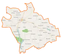 Mapa konturowa gminy Izbica Kujawska, na dole nieco na lewo znajduje się owalna plamka nieco zaostrzona i wystająca na lewo w swoim dolnym rogu z opisem „Jezioro Modzerowskie”