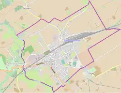 Mapa konturowa Jabłonowa Pomorskiego, blisko centrum u góry znajduje się punkt z opisem „Parafia Chrystusa Królaw Jabłonowie Pomorskim”