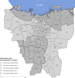 Mapa konturowa Dżakarty, w centrum znajduje się punkt z opisem „Wisma 46”