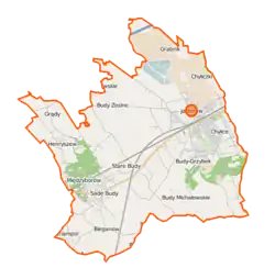 Mapa konturowa gminy Jaktorów, blisko centrum u góry znajduje się punkt z opisem „Budy Zosine”