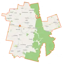 Mapa konturowa gminy Janów, na dole po prawej znajduje się punkt z opisem „Starodrzew Szyndzielski”