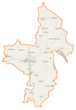 Mapa konturowa gminy Janowiec Wielkopolski, po prawej znajduje się punkt z opisem „Tonowo”