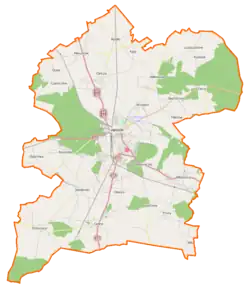 Mapa konturowa gminy Jarocin, u góry nieco na lewo znajduje się punkt z opisem „Cielcza”