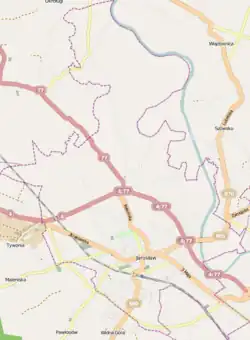 Mapa konturowa Jarosławia, na dole znajduje się punkt z opisem „Kościół Świętego Duchaw Jarosławiu”