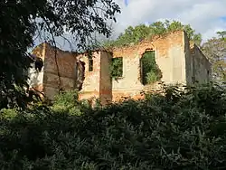 Zdjęcie przedstawia ruiny budynku schowane w gęstych zaroślach. Brakuje dachu. Ściany budynku posiadają liczne ubytki, brakuje okien i drzwi, a otwory okienne i drzwiowe są zrujnowane. W wielu miejscach brakuje tynku i widać gołą, czerwoną cegłę.