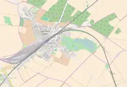 Mapa konturowa Jaworzyny Śląskiej, w centrum znajduje się punkt z opisem „Parafia św. Józefa Oblubieńca”