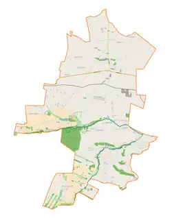 Mapa konturowa gminy Jeżów, u góry po prawej znajduje się punkt z opisem „Przybyszyce”