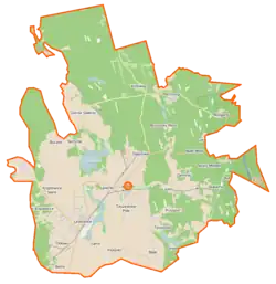 Mapa konturowa gminy Jeżewo, blisko centrum na lewo znajduje się owalna plamka nieco zaostrzona i wystająca na lewo w swoim dolnym rogu z opisem „Stelchno”