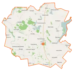 Mapa konturowa gminy Jeleniewo, po lewej znajduje się punkt z opisem „Rutka”