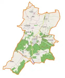 Mapa konturowa gminy Jerzmanowa, u góry znajduje się punkt z opisem „Modła”