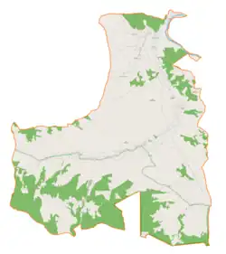Mapa konturowa gminy Jodłowa, na dole znajduje się punkt z opisem „Cmentarz żydowski w Jodłowej”