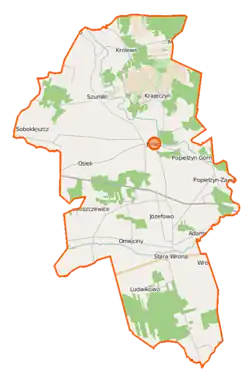 Mapa konturowa gminy Joniec, blisko centrum na prawo u góry znajduje się punkt z opisem „Joniec”